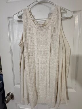 NY&CO L Cream Cable Knit Cold-Shoulder Sweater